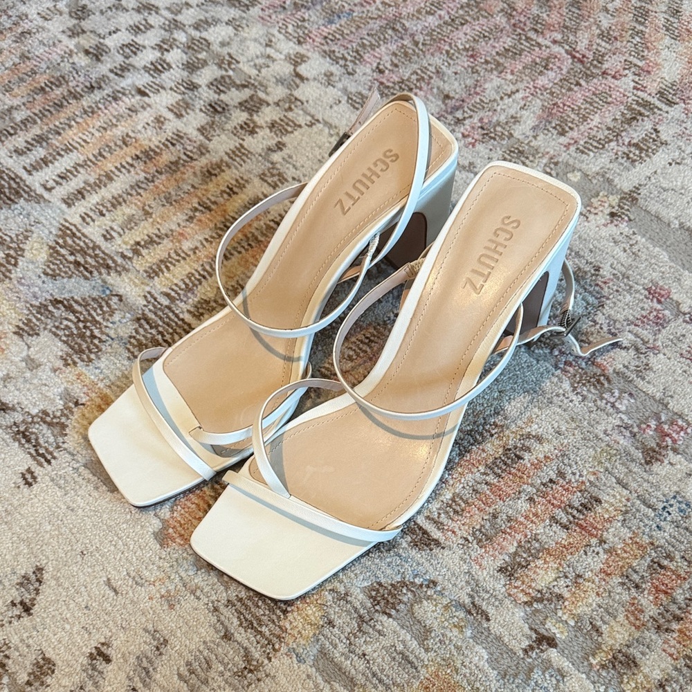 SCHUTZ White Strappy Square-Toe Block Heel Sandals